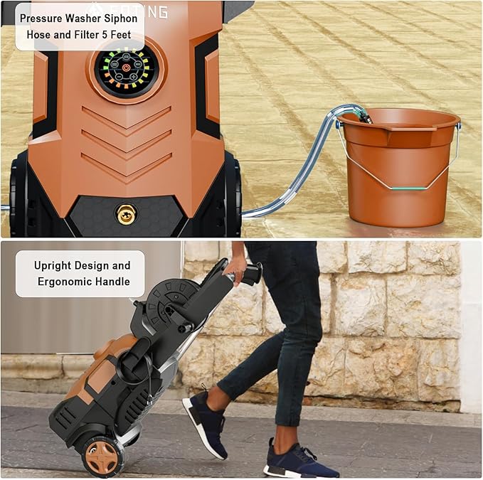 2025Upgraded Pressure Washer 5000PSI with Adjustable Touch Screen 8 Level, 34" Tall, 4 Quick Connect Nozzles,Inlet Hose&Filter&500mlFoam Cannon for Cars/Fences/Driveways/Home Cleaning,Red