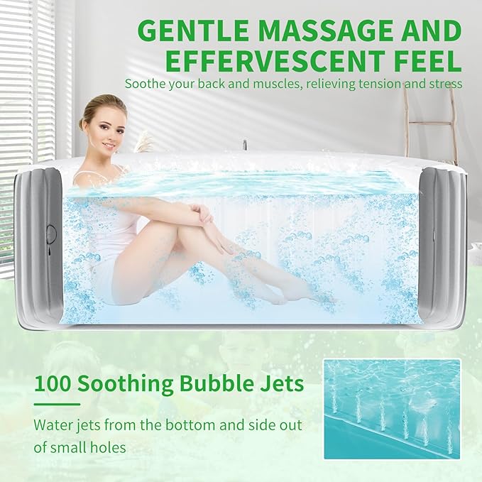 2 Person Inflatable Hot Tub with LED Lights, Oval Blow Up Portable Hot Tub, Leak-Proof PVC Outdoor Spa with 100 Strong Air Jets, Pump and Insulated Cover, Side Table, 75” X 47”X 25”