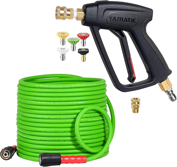 YAMATIC Short Pressure Washer Gun and Hose, 50 FT Flexible Hose with Stubby Power Washer Trigger Handle, 3/8" Swivel Quick Connect & M22-14mm Adapter Replacement for Ryobi Simpson Craftsman (Green)
