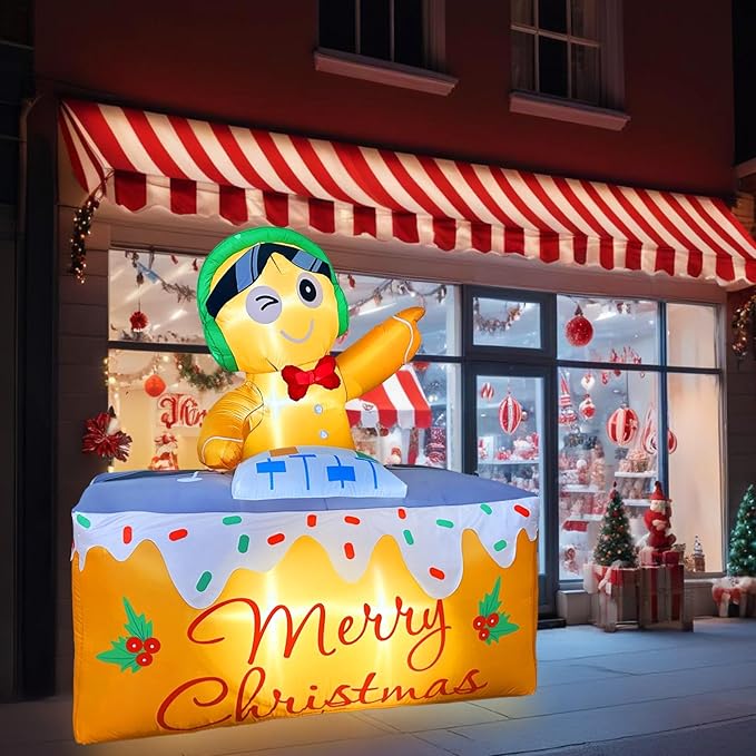 OurWarm 6FT Christmas Inflatable Outdoor Decoration, DJ Gingerbread Inflatable Christmas Decorations with LED Lights, Xmas Blow Ups for Outdoor Indoor Lawn Garden Yard