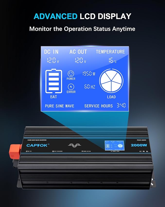 2000W Pure Sine Wave Inverter DC 12V AC 120V Double LCD Screen Remote Control Power Inverter 30W USB-C 4AC Outlets for RV, Home, Solar System
