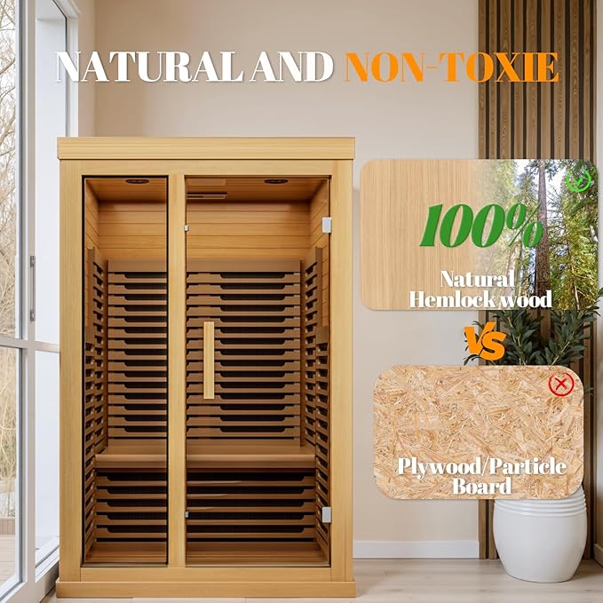 Far Infrared Wooden Sauna Low EMF- 2 Person Personal Sauna for Home Use, Full Spectrum Infrared Sauna, Dual Tempered Glass & Bluetooth Speakers - Indoor Sauna 2000W, Natural Wood