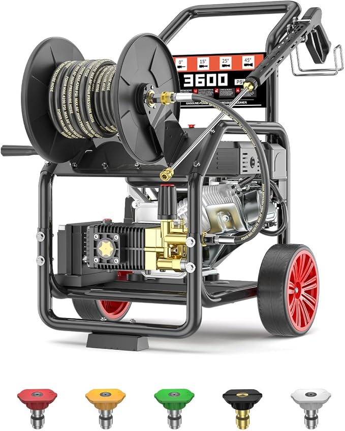 3600 PSI Gas Pressure Washer, One-Button Start 212cc 7HP Engine 3.3GPM, Includes Hose Reel，50 FT 3/8 inch Hose，5 Quick Connect Nozzles，Spray Gun and Wand