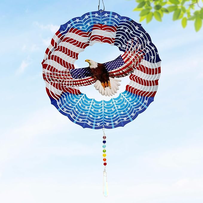American Eagle Wind Spinner Crystal Tail, Marzovitra 10 inch 3D Stainless Steel Hanging Wind Spinner Metal Wind Catchers Kinetic Sculpture for Indoor,Outdoor Garden Decor,Yard Art