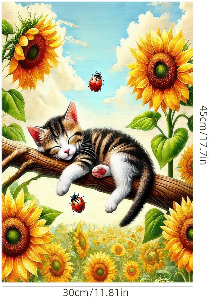 Spring Garden Flag 12x18 Inch Double-Sided Sleeping Kitten Yard Decoration Sunflowers Ladybugs for Outdoor Garden Patio Yard Spring Summer Décor