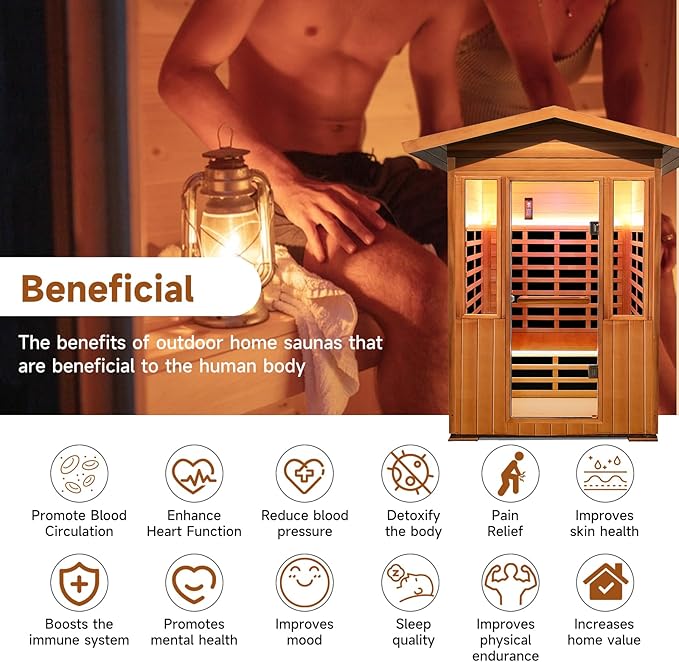 Outdoor Sauna 2 Person 1800W/110V Low EMF Dry Sauna Infrared Sauna for Home Inner Board Hemlock Wood/Outer Board Red Cedar, 8 Heating Panels with LCD Control Panel/Speaker and Tempered Glass Door