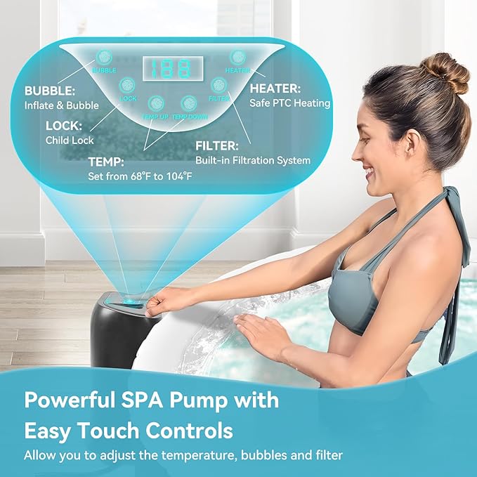 4-6 Person Inflatable Hot Tub, 264Gal Round Portable Blow up Hot Tub, Leak-Proof PVC Outdoor Spa with 130 Air Jets, Heater Pump and Insulated Cover, 82” X 82” X 25