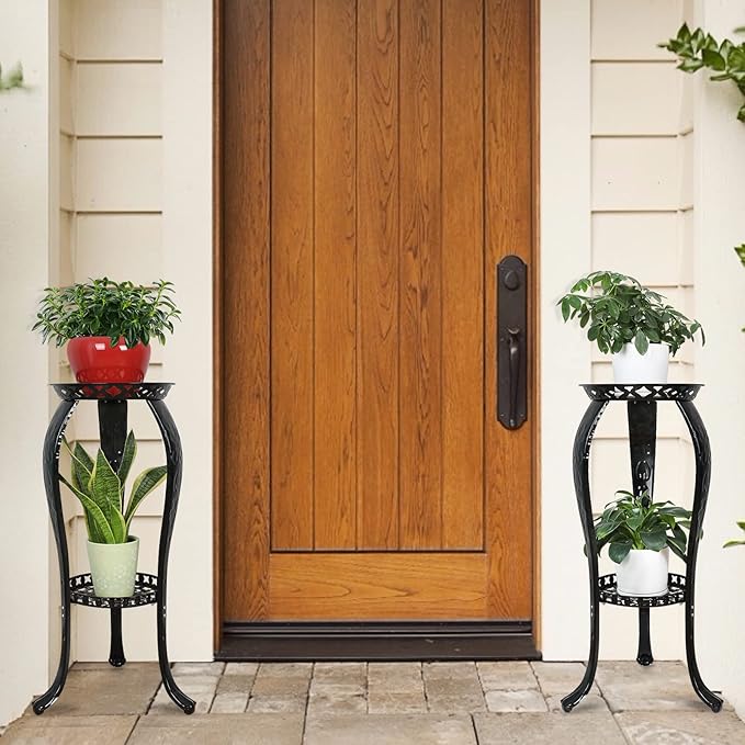 Ufine 2 Tier Metal Plant Stand Indoor Outdoor Iron Art Flower Pot Holder Tall Plant Display Rack for Corner Porch 2-Pack, Black