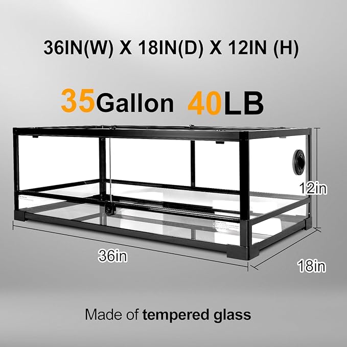 Tempered Glass Reptile Tank, 36" x 18"x 12" Front Opening Terrarium with Top Screen Ventilation & Water-Holding Bottom, 34 Gallon Reptile Enclosure for Bearded Dragon, Snake, Leopard Gecko