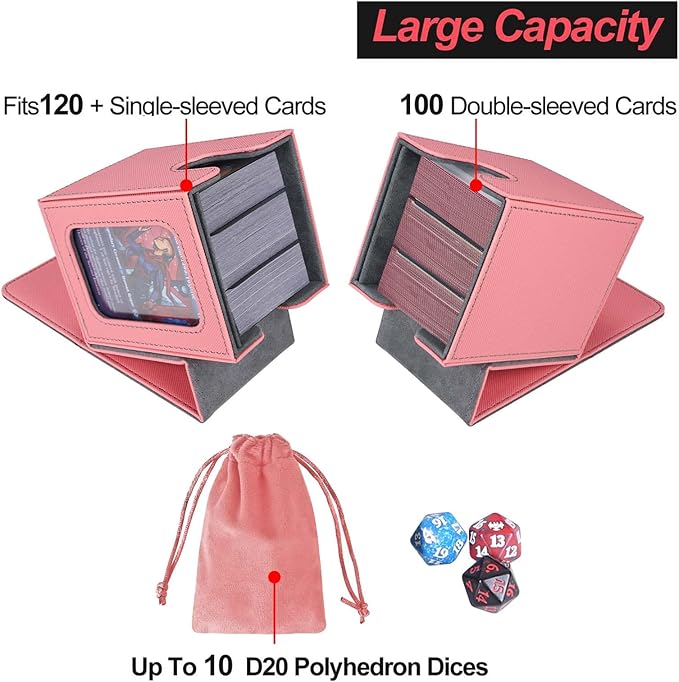 AFIING MTG Deck Box for Commander Display,Card Deck Box Fits 100 Double Sleeved Cards, Magic Commander TCG Card Storage Box with 2 Dividers,Drawstring Bag and 1 Toploader(Pink/grey)