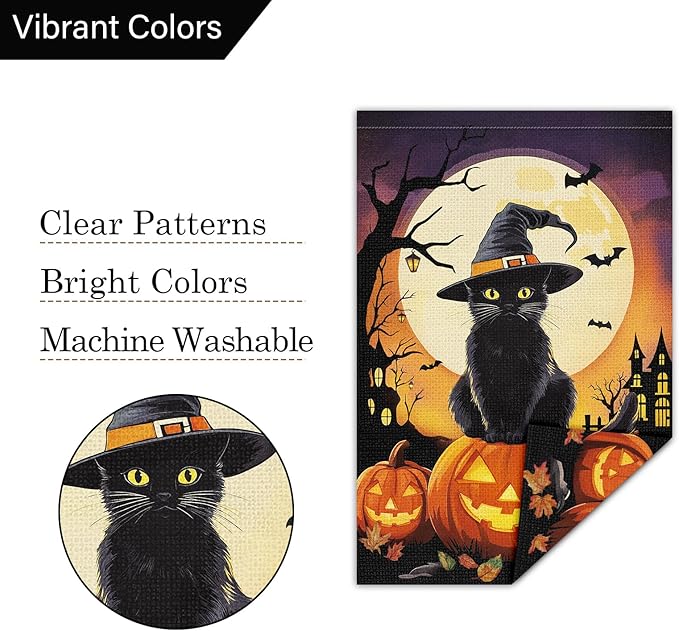 Louise Maelys Halloween Garden Flag Black Cat Witch Hat Pumpkin 12x18 Inch Double Sided Boo Moon Holiday Seasonal Fall Autumn Small Burlap Yard Sign Outside Outdoor House Decoration
