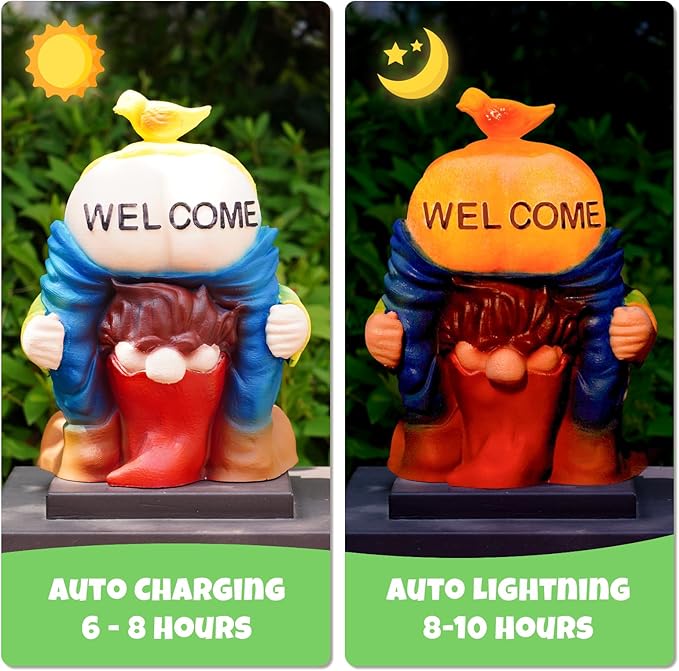 Solar Garden Statues Lights, 8.5" Cute Outdoor Gnome Figurine with Auto On/Off for Yard Patio Decor, Gifts for Women, Grandma, Mom, Housewarming (Welcome Gnome)
