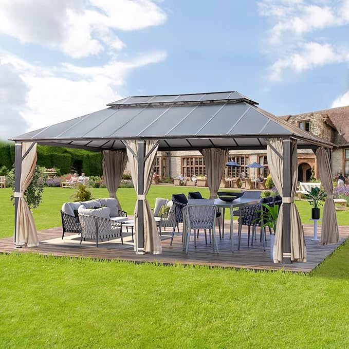 MELLCOM 12x20FT Hardtop Gazebo, Permanent Outdoor Aluminum Patio Gazebo with Aluminum Composite Double Roof for Patio Lawn and Garden, Curtains and Netting Included
