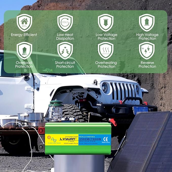 LVYUAN 3500W Pure Sine Wave Inverter DC 24V to AC 110V/120V Car Inverter with 4 AC Outlets USB Port for Camping/Truck/RV/Solar System/Travel Camping