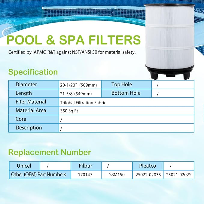 Savener® S8M150 System 3 Inner and Outer Cartridge, Compatible with Sta-Rite System 3 S8M150-KIT, 170147, 25022-0203s-25021-0202s, SR450 Swimming Pool Filter Cartridge, 450 Sq. Ft