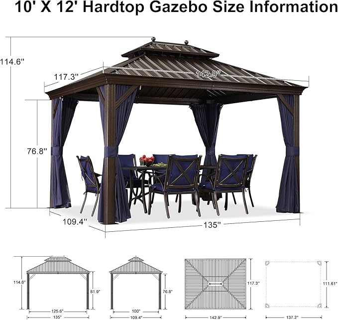 PURPLE LEAF 10' X 12' Hardtop Gazebo Canopy with Netting and Curtains for Outdoor Deck Backyard Heavy Duty Sunshade Outside Metal Patio Permanent Pavilion