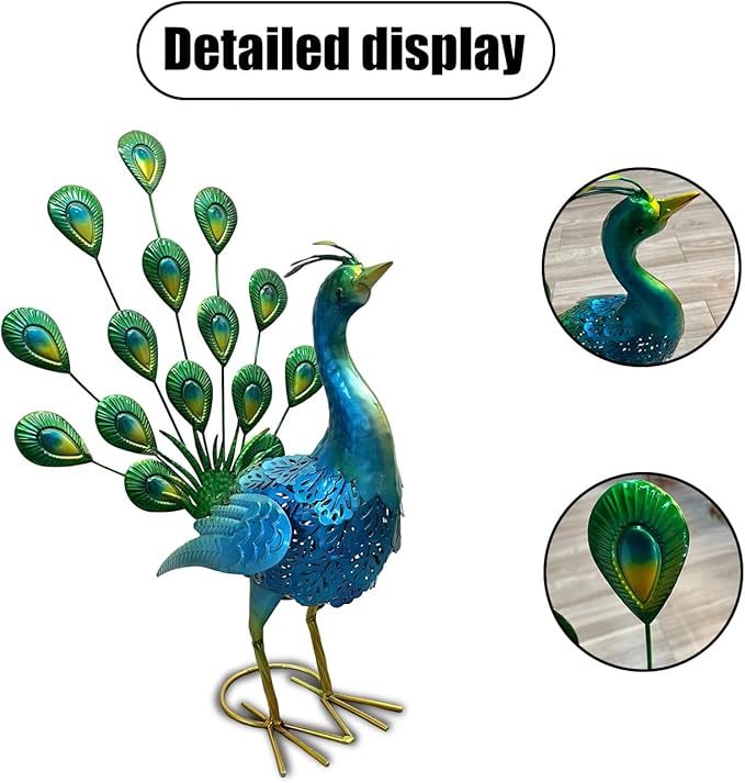 2 Pack Beautiful Peacock Outdoor Garden Statue Ornament Realistic Metal Peacock Lawn Yard Patio Decorations Art Sculpture Outside Decor Gift for Women Grandma Birthday,16" 20" Tall Blue Peacock
