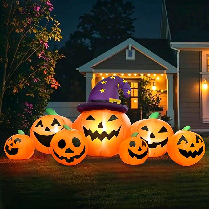 8FT Long Halloween Inflatables Pumpkin Outdoor Decorations, Halloween Blow Ups Inflatable Pumpkin for Yard, Garden, Lawn with Witch Hat and 7 LED Lights