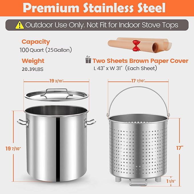 ARC 100QT Stock pot Seafood Boil Pot and Propane Stove with 200,000BTU, Stainless Steel Crawfish Boil Pot with Basket and Steamer Rack, Burner for Outdoors Cooking and Steaming