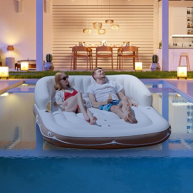 Moccha Inflatable Island with Canopy - 440 lbs Party Floats with SPF50+ Retractable Detachable Sunshade & 3 Pillows, 2-3 Person Tanning Lounger, 73” Pool Daybed, Floating Island for Lake