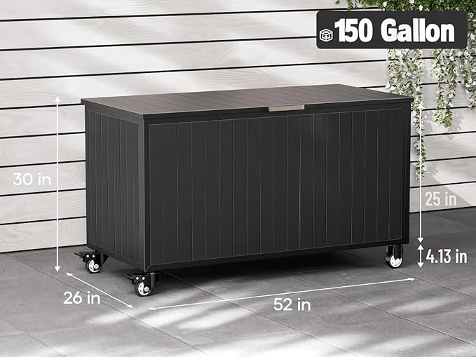 Outdoor Storage Box with Wheels 150 Gallon, Metal Deck Boxes Waterproof, UV Resistant Patio Storage Box with Lid for Patio Furniture, Garden Tools (Black)