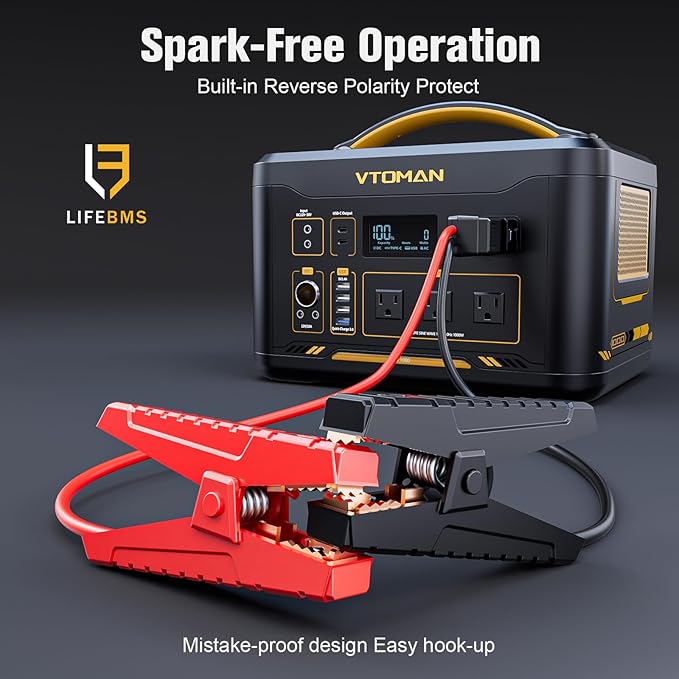 VTOMAN Jump 1500X Portable Power Station with Jumper Cables, 828Wh LiFePO4 Battery Solar Generator with Jump Start for Car, 1500W AC Outlets, 100W PD Type-C&Regulated DC for Home Backup RV Van Camping