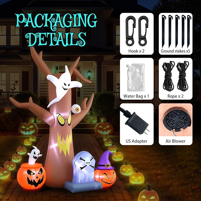 8FT Halloween inflatables Tree, Blow Up Yard Scary Dead Tree with Pumpkin Ghost Tombstone Inflatable for Garden Lawn Indoor Party Decor, Halloween Decorations Outdoor