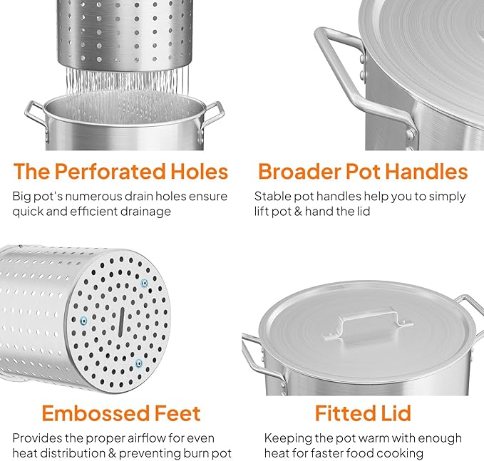 Bonnlo 30QT Aluminum Stock Pot for Boiling Seafood, Crawfish & Crab, Frying Turkey & Steaming Tamales, Large Boil Pot with Strainer Basket, Lid, Lifting Hook & Steamer Rack for Outdoor Cooking