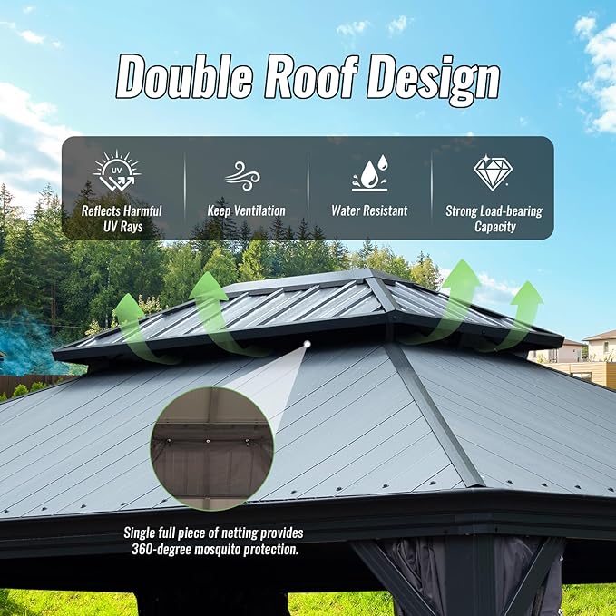 Domi 10’x14’ Hardtop Gazebo with Gutters, Outdoor Metal Gazebo Canopy with Resin & Galvanized Steel Roof, Permanent Pavilion for Patio, Backyard, Lawn, Hot Tub, Curtains and Mosquito Netting Included