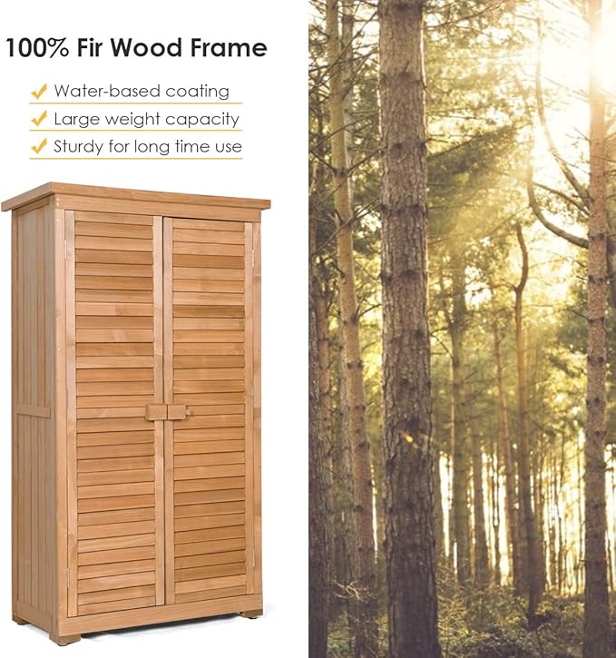 S AFSTAR Outdoor Storage Shed, Wooden Tool Storage Shed w/Detachable Shelves & Pitch Roof & Shutter Vents, Garden Storage Cabinet for Backyard Patio Deck Porch, 34.5”L x 18.5”W x 63”H, Natural