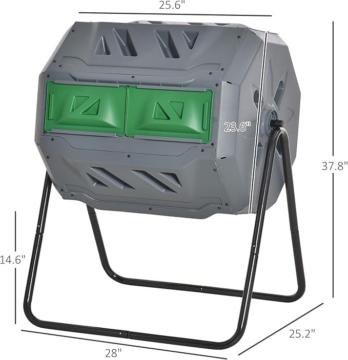 Outsunny Tumbling Compost Bin Outdoor 360° Dual Chamber Rotating Composter 43 Gallon, Light Gray
