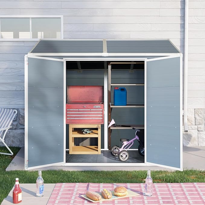 8x4 FT Outdoor Storage Shed,Garden Shed with Floor & 2 Windows,All Weather Waterproof Tool House W/Air Vent,Sloped Roof & Lockable Double Door,for Patio,Yard,Lawn,Grey