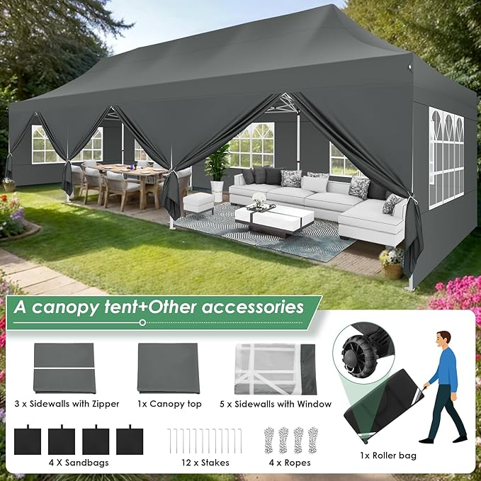 COBIZI 10x30 Pop Up Canopy Party Tents for Parties Waterproof Outdoor Event Shelter with 8 Sidewalls Camping Commercial Wedding Portable Easy to Set up Gazebo Tent for Backyard, Grey