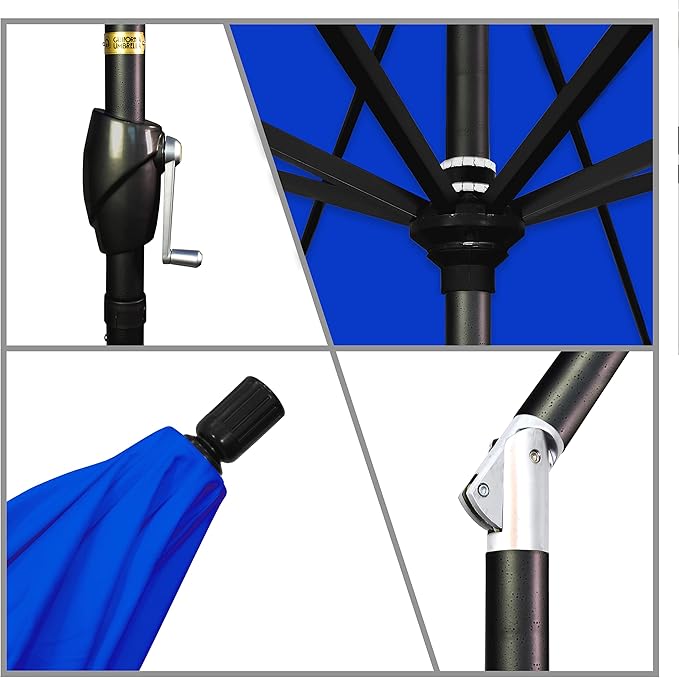 California Umbrella 9' Round Aluminum Market Umbrella, Crank Lift, Push Button Tilt, Black Pole, Sunbrella Pacific Blue