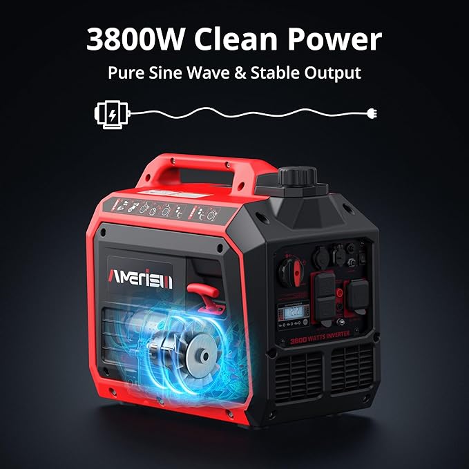 3800W Portable Inverter Generator with CO Protect, Gas Powered, Super Quiet and 30A for RV-Ready for Camping, Home Emergency Use, Tailgating