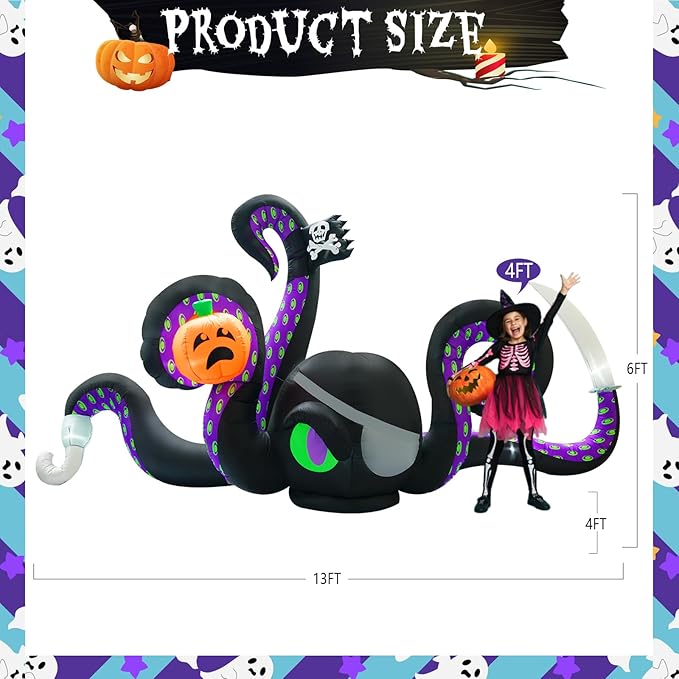 13Ft Halloween Inflatables Giant Octopus Black Sticky Pumpkin LED Light Blow up Halloween Decor for Carnival Party Store Outdoor Yard Lawn Decorations