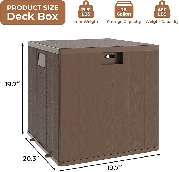 28 Gallon Outdoor Storage Box Waterproof, Patio Deck Storage Box For Package Delivery, Lockable Resin Deck Box, Square Deck Box Small Container for Furniture Cushions, Garden Tools, Pool Accessories