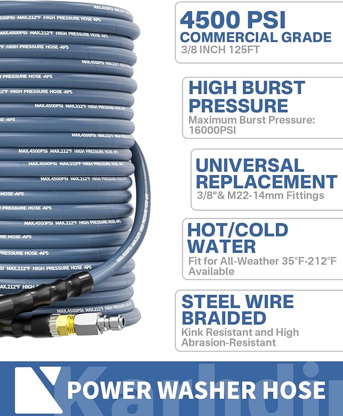 Pressure Washer Hose 125FT 3/8" for Cold and Hot Water 212°F, with Swivel Quick Connect, 4500PSI Kink Resistant Grade Steel Wire Braided, Power Washer Hose With 2pcs M22-14mm Adapter