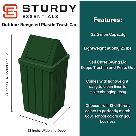 32 Gallon Square Slatted 100% Recycled Plastic Heavy Duty Outdoor Commercial Trash Can with Swing Top Lid | Great for Schools and Businesses - Green Granite