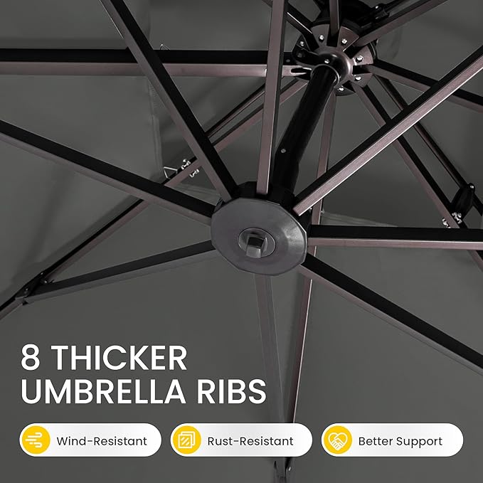 10x10 FT Cantilever Patio Umbrella with Base Included Double Top Outdoor Square Large Heavy Duty Aluminum Offset Umbrellas with 7 Level Tilt 360-degree Rotation for Pool Garden Deck,Grey
