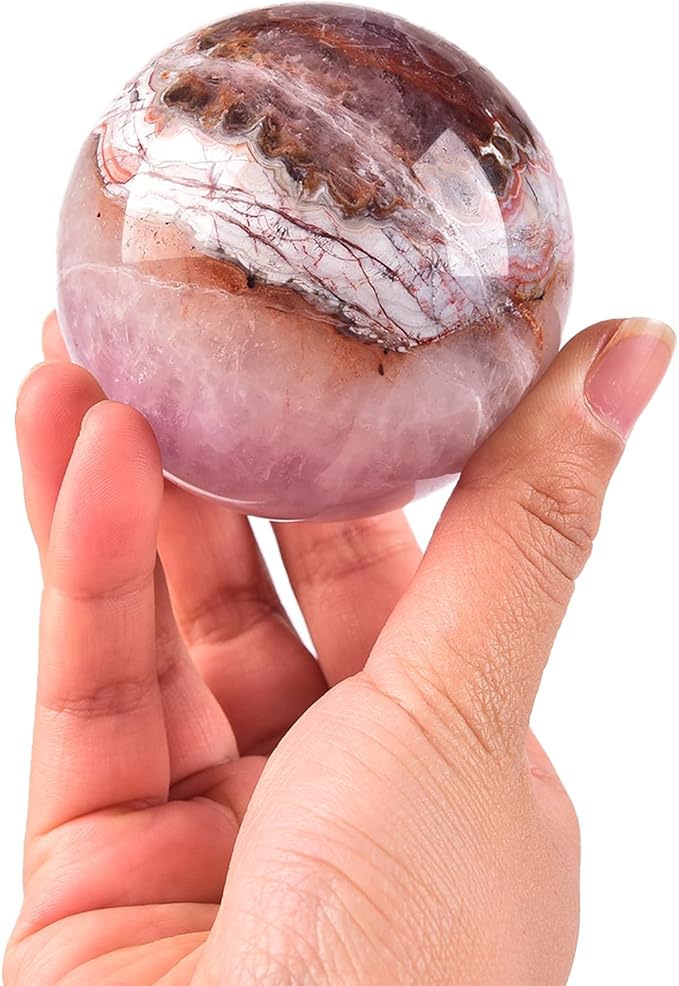 JIC Gem Natural Amethyst Agate Crystal Sphere Ball Purple Crystal Decorative Ball with Wooden Stand Meditation Balls for Witchcraft Reiki Healing Gift 50-60mm