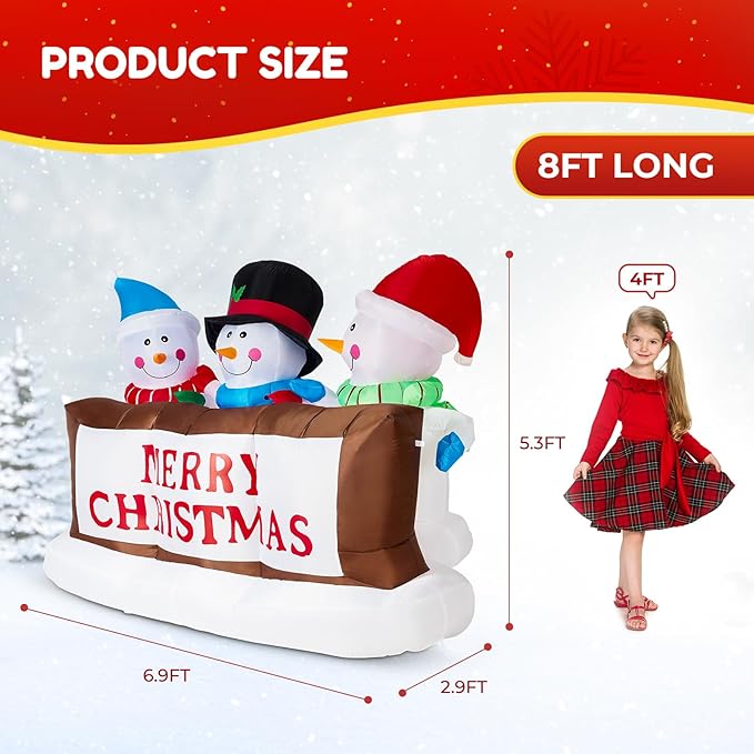 7FT Christmas Inflatable Snowman Yard Decoration With LED Lights - Merry Christmas Sign Trio, Outdoor Xmas Blow Up Decor for Holiday