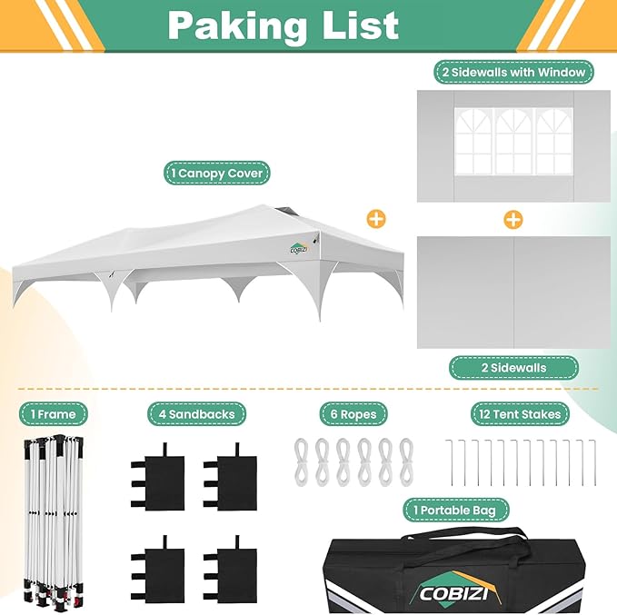 COBIZI 10x20 Pop Up Canopy Tent with 4 Sidewalls, Instant One-Push Setup, Commercial Canopy with Air Vent & Reflective Strip, UPF 50+ Waterproof Party Tent with Sandbags & Stakes for Events (White)