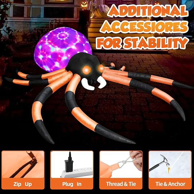 12Ft Giant Halloween Inflatables Spider Built-in 7-Color-Shifting Eyes & 3-Effect-Flashing Belly, Large Halloween Decorations Outdoor Huge Blow Up Yard Decorations Blowups for Holiday- 1PCS（Orange