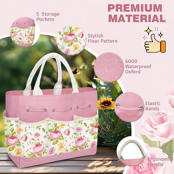 22PCS Ergonomic Garden Tools Set for Women,Heavy Duty Hand Tool Kit Included Handy Tote Bag/Trowel/Pruning Shears/Rake/Pruner/Gloves/Plant Tags,Garden Supplies Gardening Gifts for Gardeners Beginners