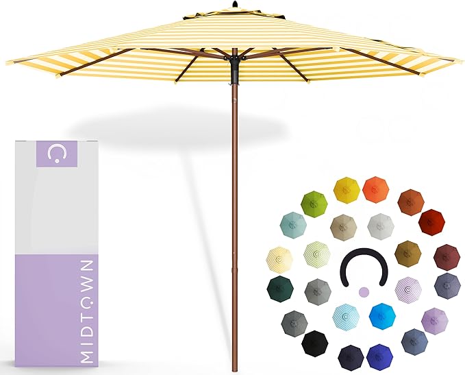 Midtown Umbrellas The Wooden 8 Feet Patio Umbrella With Terylast Sunny Stripes (White/Yellow Stripes) Polyester Fabric - Aluminum Frame Market Umbrella For Backyard, Deck, Garden, Pool - Wooden Pole