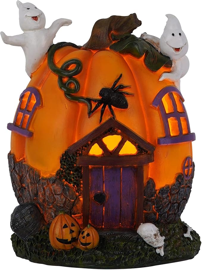 Topadorn Fall Pumpkin House Statue with LED， Pumpk Fall Decor for Home -Thanksgiving Indoor & Outdoor Party Decor, 7.09" H
