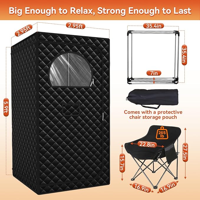 Portable Sauna for Home, Upgraded Large Size Home Sauna Box with 3L 1300W Steamer, Big Folding Chair, 9 Levels Heat,Timer, Remote Control - Personal Steam Room Tent for Relaxation Spa 3'x3'x5.9' Black