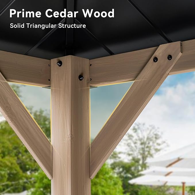 Aoxun 10' x 12' Outdoor Wood Gazebo, Hardtop Gazebo Permanent Wooden Pavilion with Galvanized Steel Double Roof, and LED Outdoor Waterproof Hanging Lights, for Patio, Garden, Deck, Cedar Wood