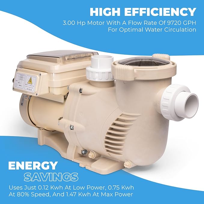 XtremepowerUS 3.0HP SuperFlow Variable Speed High-Flo Pool Pump In-Ground Pool Energy Efficient 230V, 9,720GPH 1-1/2” & 2” Adapter w/Timer, Compactible EC-342001